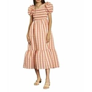 DRA Los Angeles Orange White Striped Square Neck Smocked Puff Sleeve Midi M